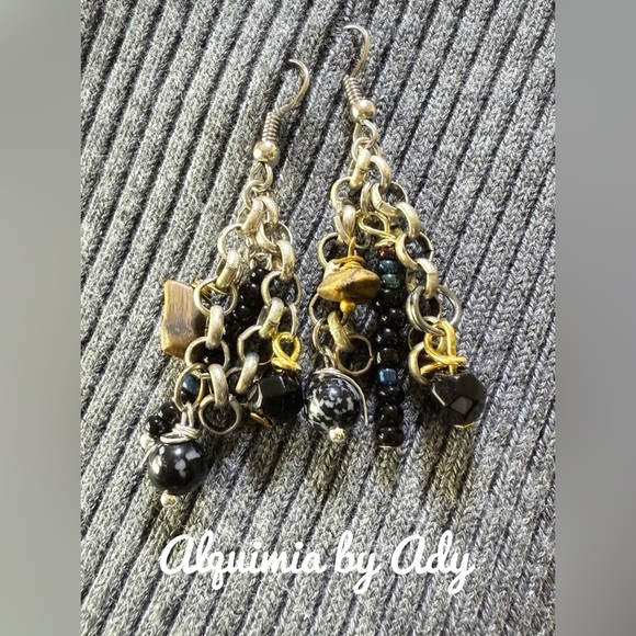 Obsidian Tiger eye onyx chain fringe statement earrings - Picture 1 of 2